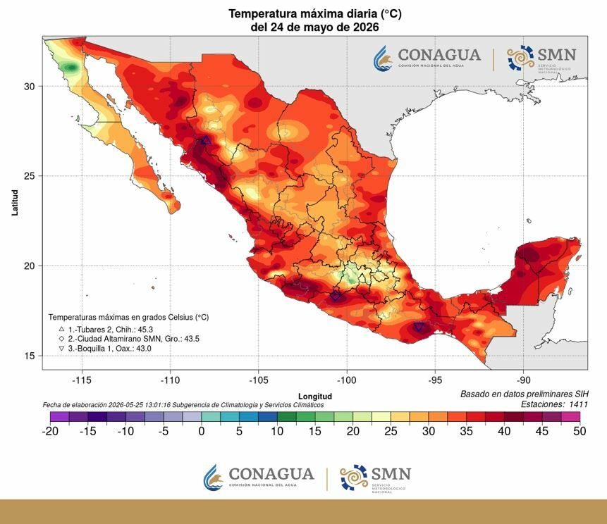 Chihuahua, Guerrero y Oaxaca registraron las temperaturas más altas, superando los 35° C, el pasado 24 de mayo. Foto: @conagua_clima