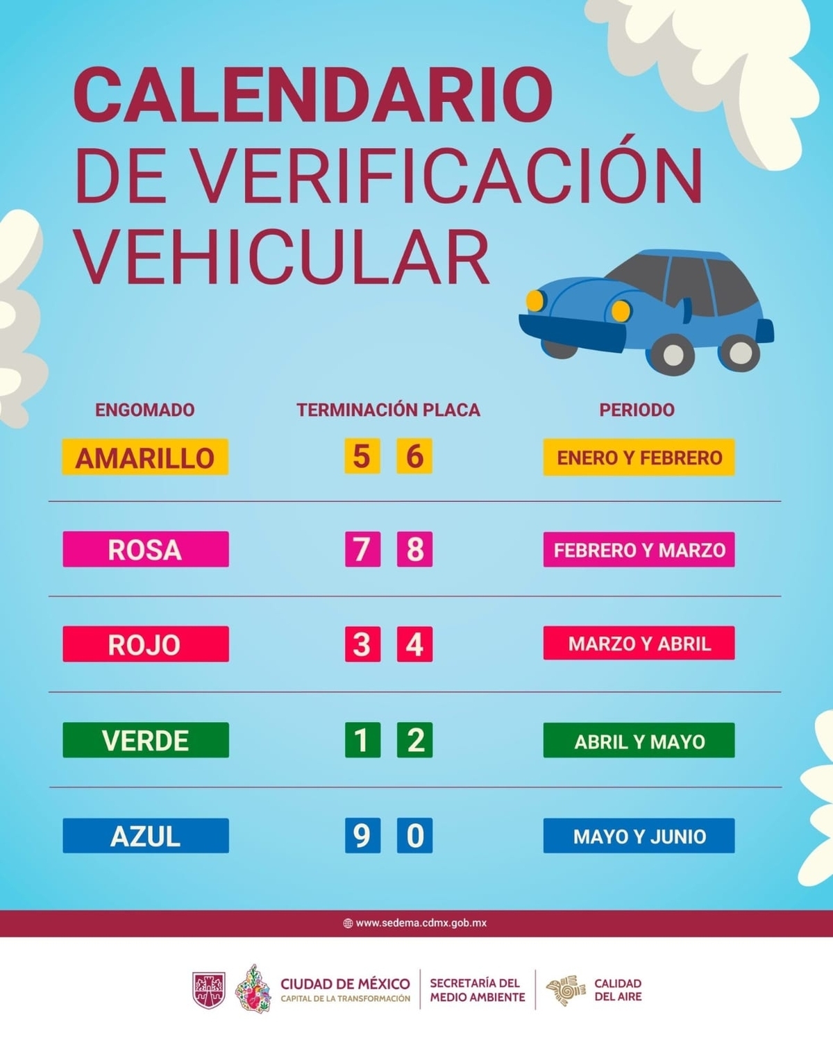 El engomado azul y terminación de placas 9 y 0 les toca verificar en junio. Foto: @SEDEMA_CDMX