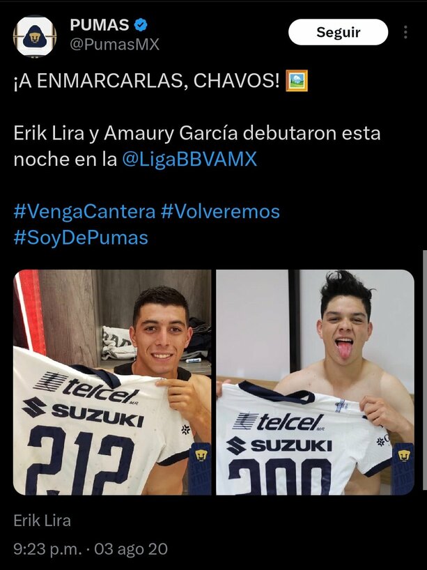 Tuit original en la cuenta de Pumas (X)