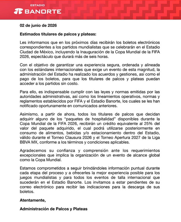 El comunicado que compartió el Estado Banorte sobre los palcos y plateas.