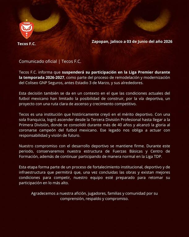 Tecos lanzó comunicado oficial
