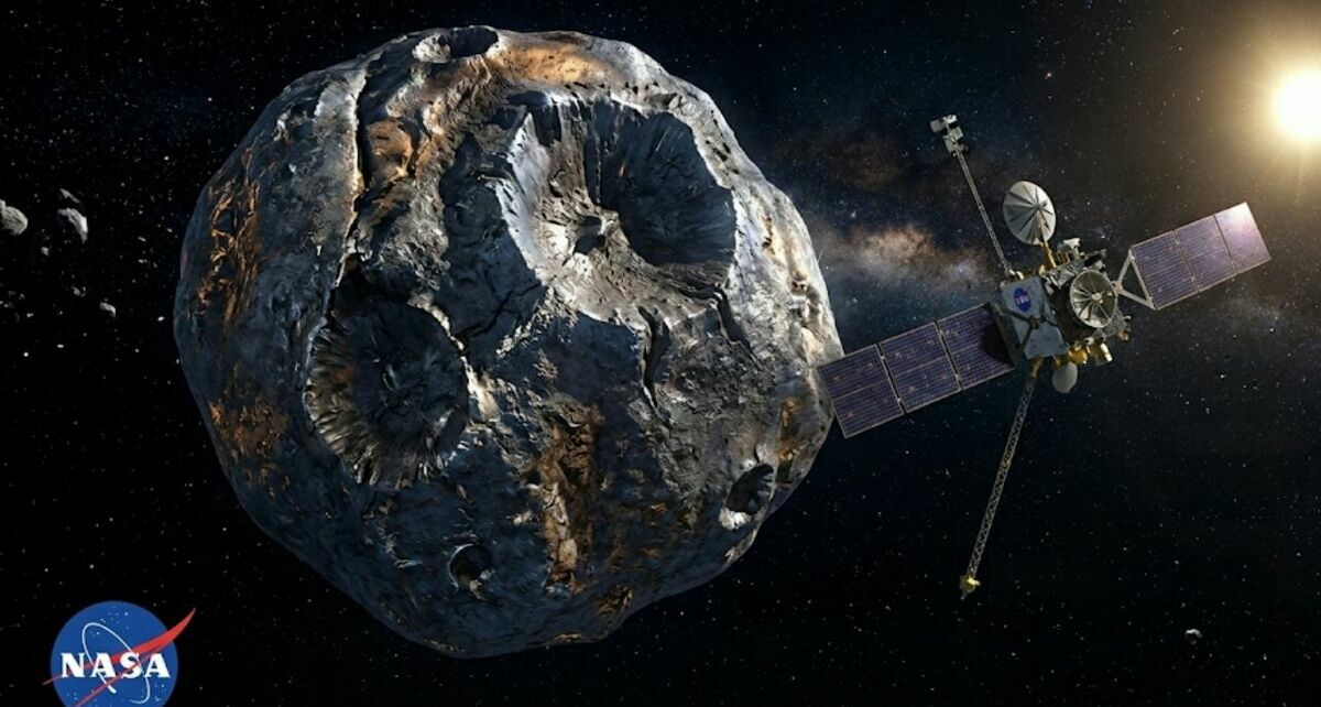 La misión Psyche de la NASA con uno de los asteroides más valiosos del espacio (Imagen creada con IA)