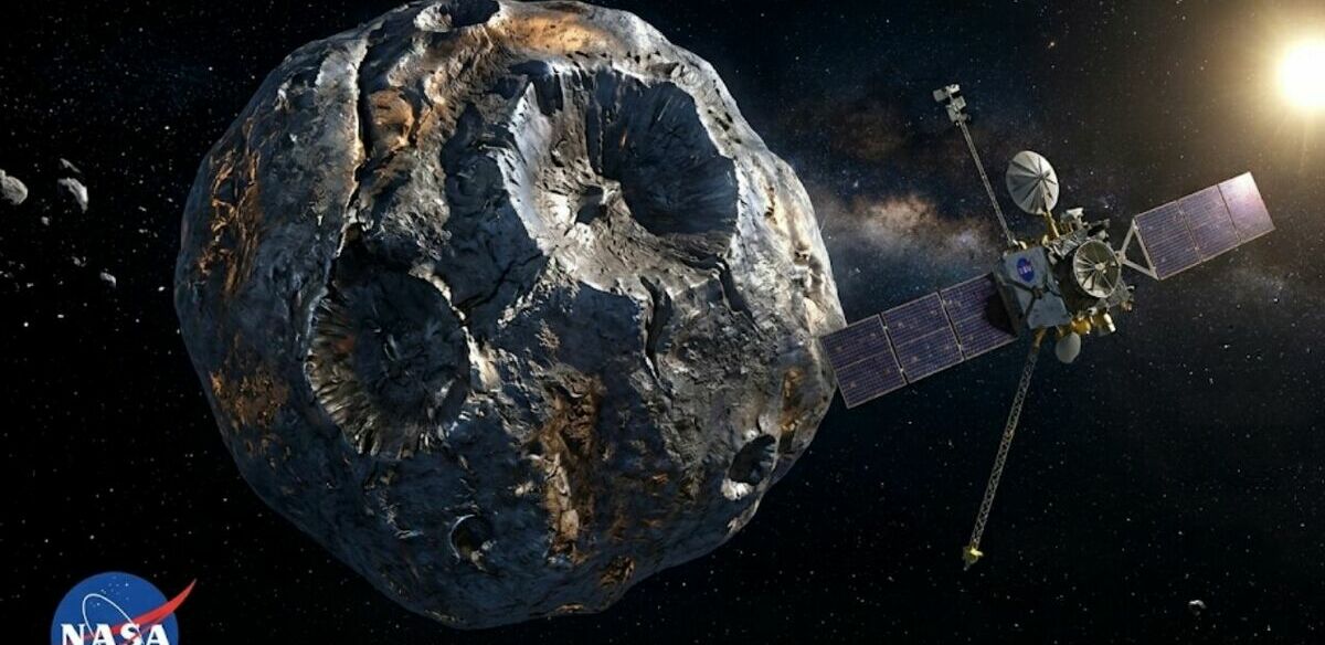 La misión Psyche de la NASA con uno de los asteroides más valiosos del espacio (Imagen creada con IA)