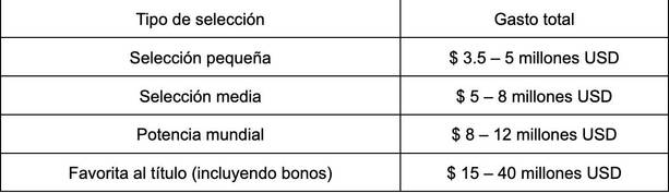 Estos son los gastos de selecciones dependiendo el nivel