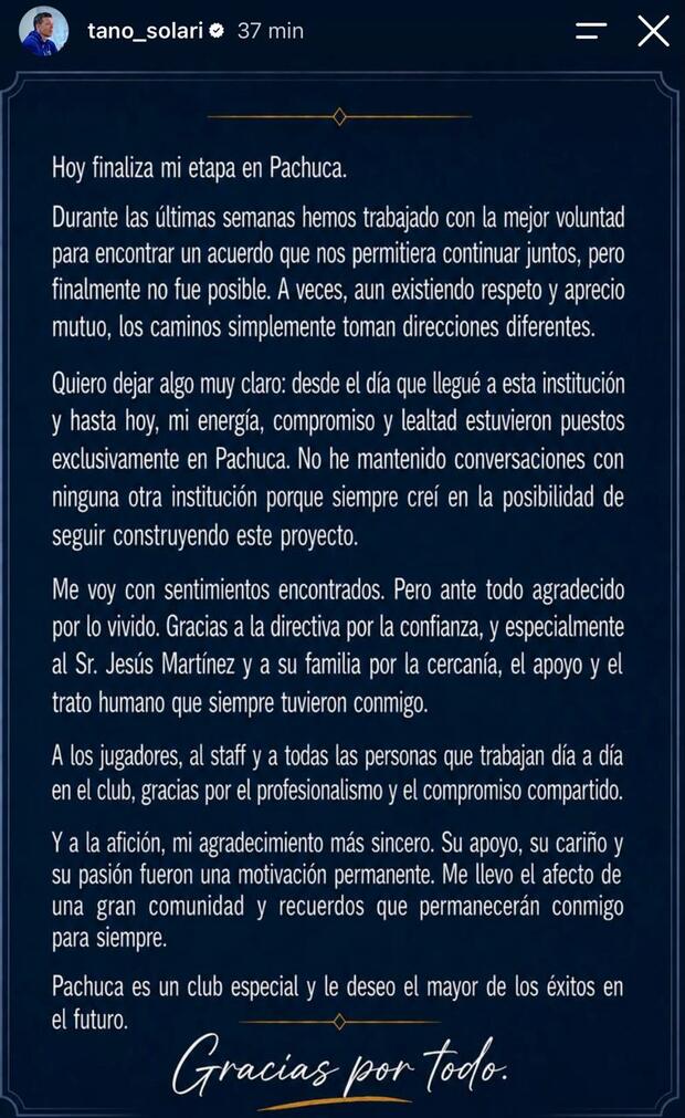 La carta que escribió Solari para despedirse del Pachuca. (Foto: Instagram)