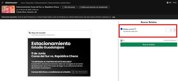 Precio de estacionamiento del Estadio Guadalajara (ticketmaster.com.mx)