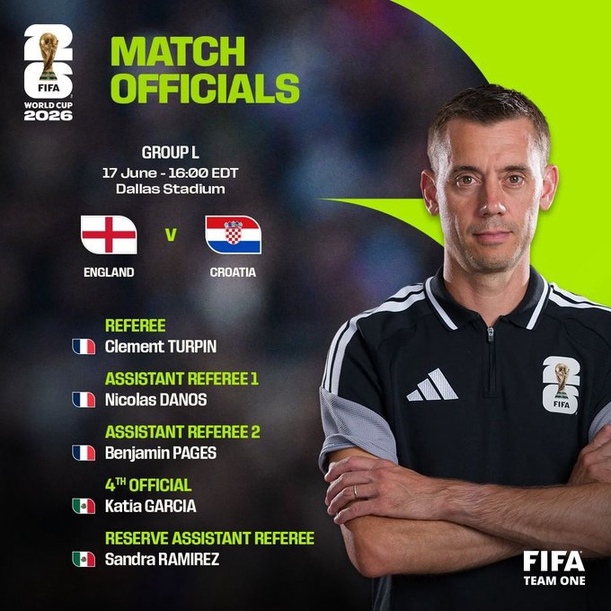 Árbitros del Inglaterra vs Croacia (X @FIFAcom)