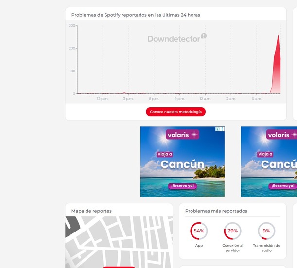 Reporte tras caída de Spotify hoy 16 de junio 2026. (Downdetector).