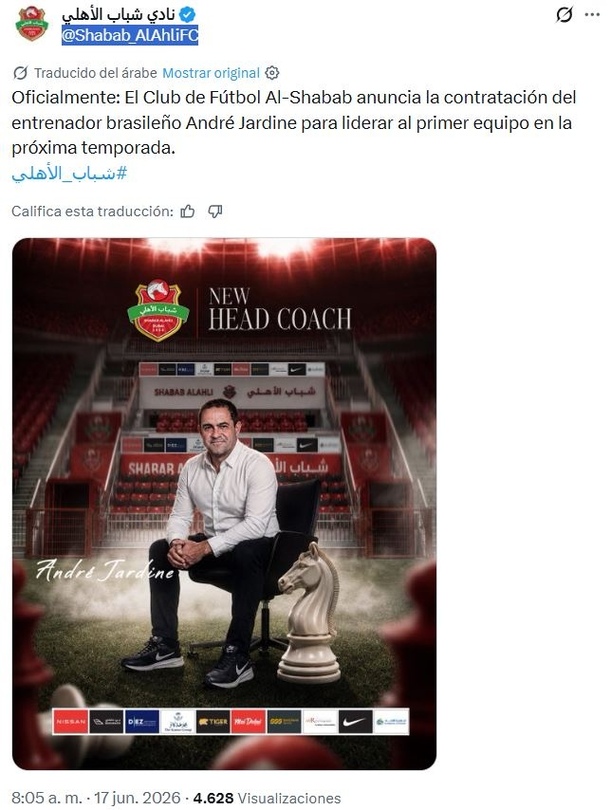 André Jardine ahora dirigirá en los Emiratos Árabes Unidos  (X @Shabab_AlAhliFC)