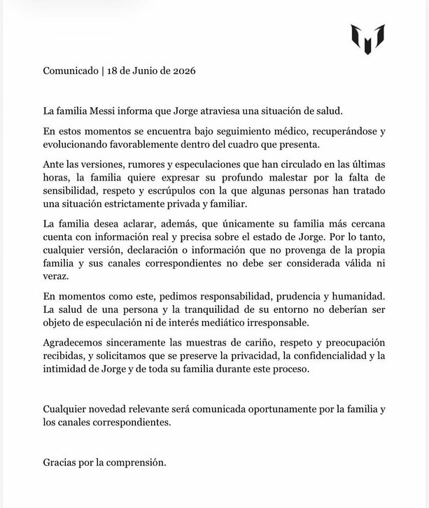 El comunicado de prensa desmintió la muerte de Jorge Messi y aseveró que se encuentra estable. (Team Messi)