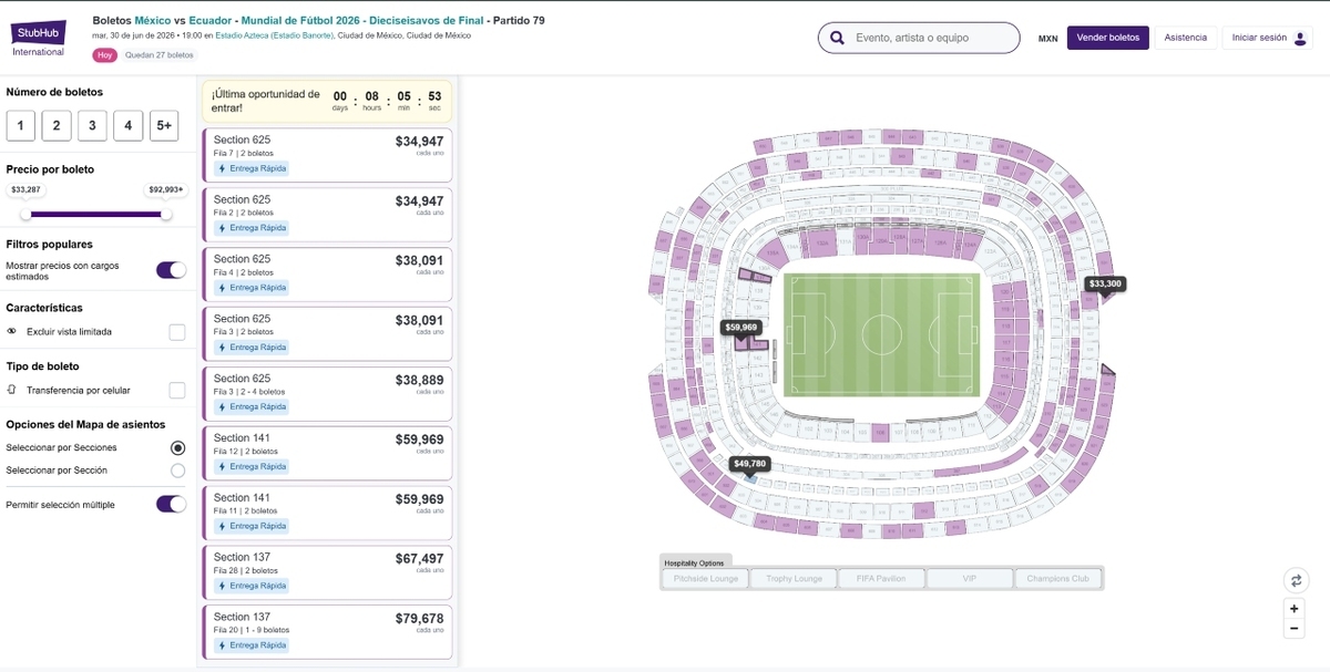 Los precios de reventa del México vs. Ecuador en StubHub alcanzan los 80 mil pesos mexicanos. (Captura de pantalla)