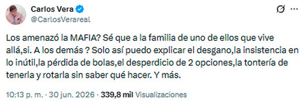Carlos Vera revela presuntas amenazas a familia de jugador en X.