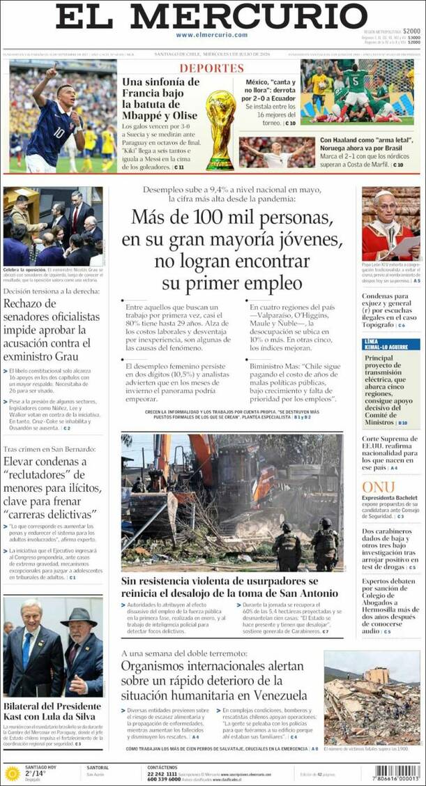 Portada El Mercurio de Chile  (kiosko.net)