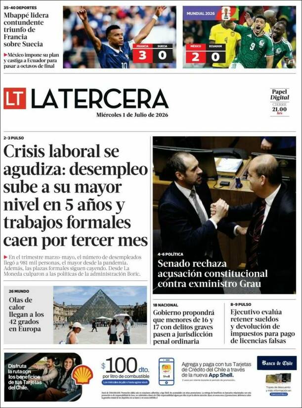 Portada La Tercera de Chile  (kiosko.net)
