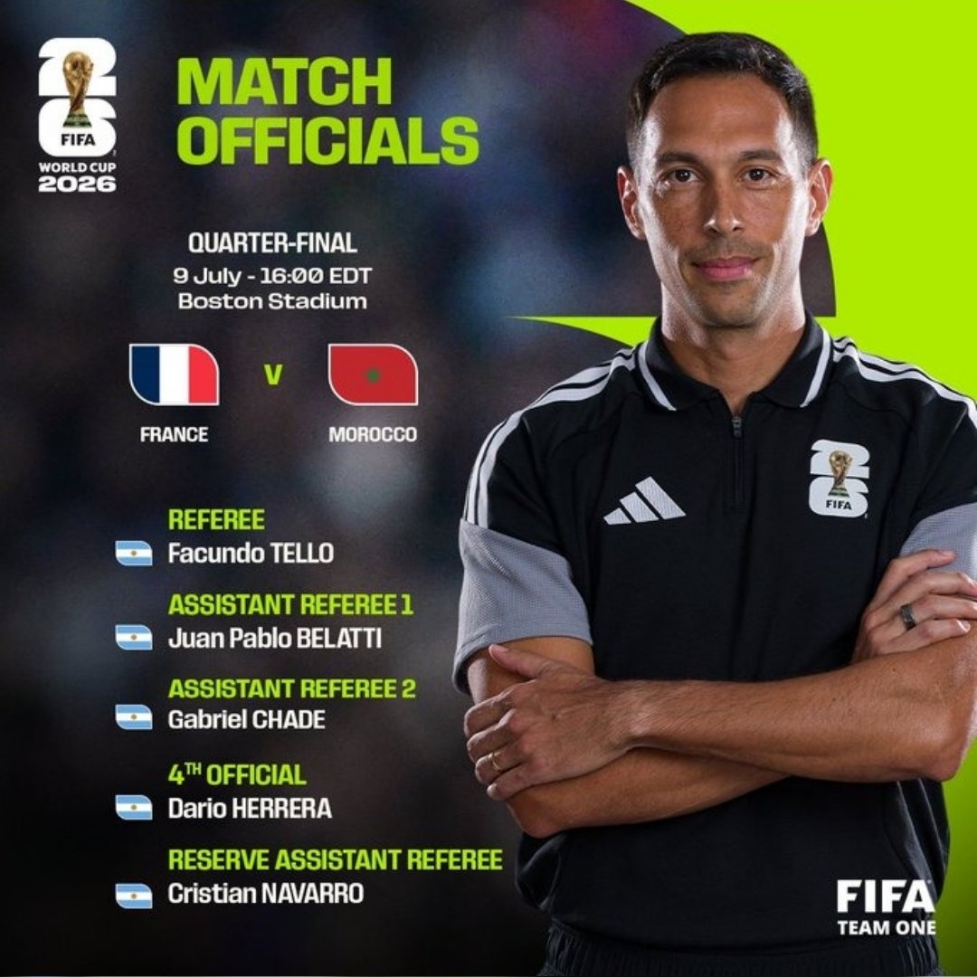 Facundo Tello, Juan Pablo Belatti y Gabriel Chade serán los 3 árbitros principales del partido de Cuartos. (@FIFA)