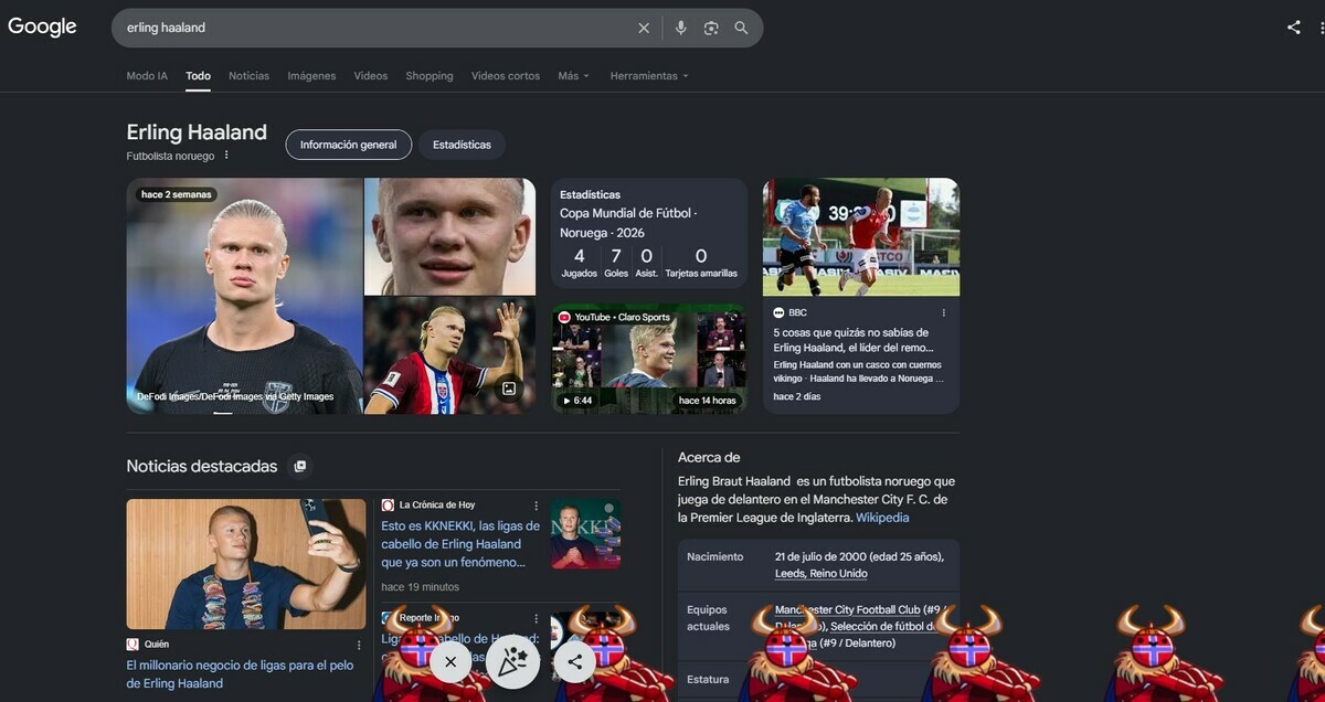 Unos vikingos acompañados de tamborazoso acompañan la búsqueda de Haaland en Google. (Captura de pantalla)