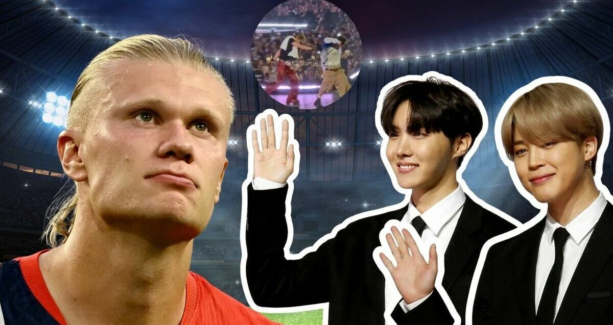 Miembros de BTS recrean el festejo de Erling Haaland y causan furor | Foto: Reuters y captura de pantalla de  @kookie.bangtan.97 on IG