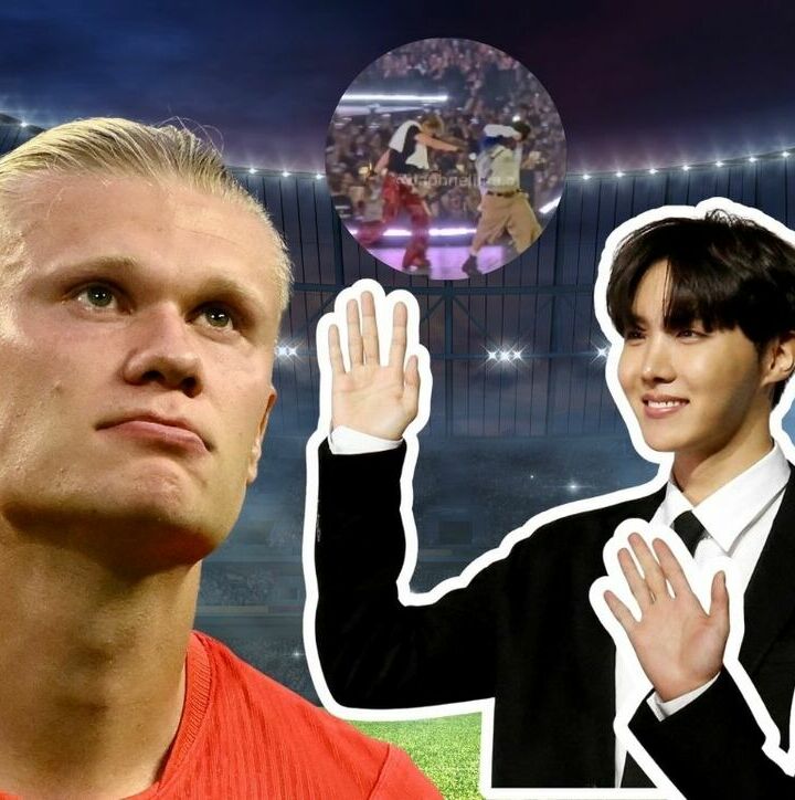 Miembros de BTS recrean el festejo de Erling Haaland y causan furor | Foto: Reuters y captura de pantalla de  @kookie.bangtan.97 on IG
