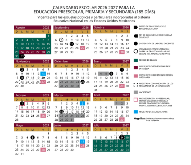 Así sería el calendario tentativo del ciclo escolar 2026-2027, según SEP. (Captura de pantalla).