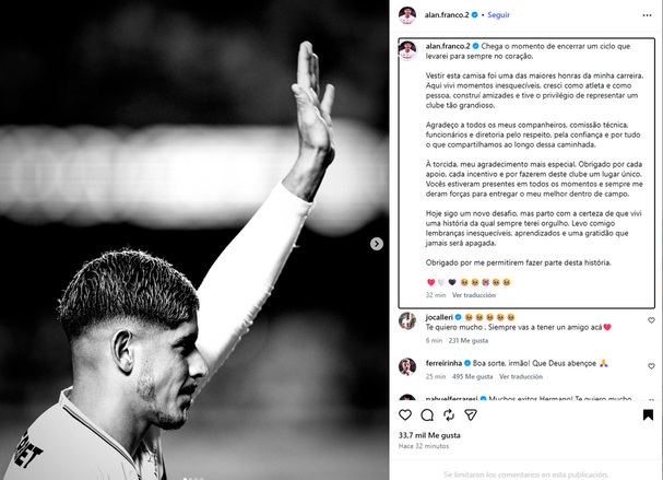 El mensaje de despedida de Alan Franco.
