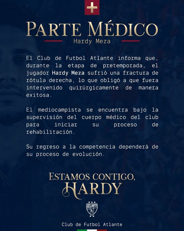 Parte médico de la lesión de Hardy Meza (Atlante)