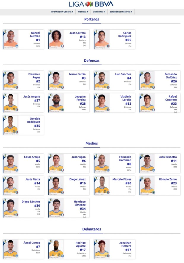 Plantel de Tigres registrado previo a la Jornada 1 del Apertura 2026. (Foto: Liga MX)