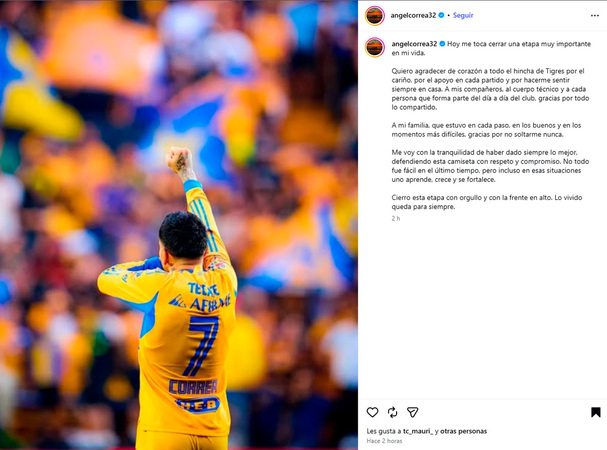 El mensaje de despedida de Ángel Correa. (Captura)