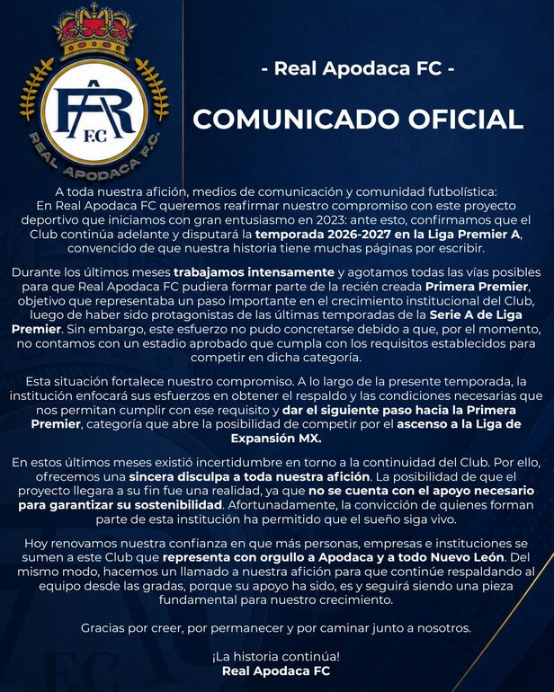 Comunicado oficial del Real Apodaca FC.