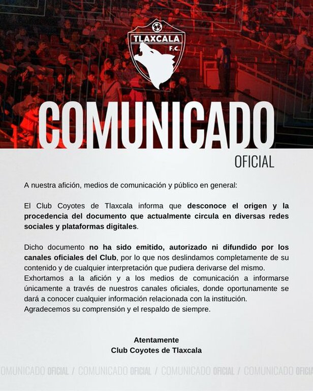 El comunicado que publicó el club y lo eliminó. (Foto: Coyotes de Tlaxcala)