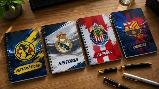 Tus cuadernos adornados con tus equipos favoritos para el ciclo escolar 2026-2027. (ChatGPT).