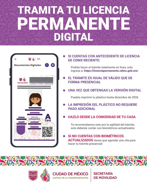 La licencia de conducir permanente digital solo estará disponible para conductores ya registrados. (@LaSEMOVI)