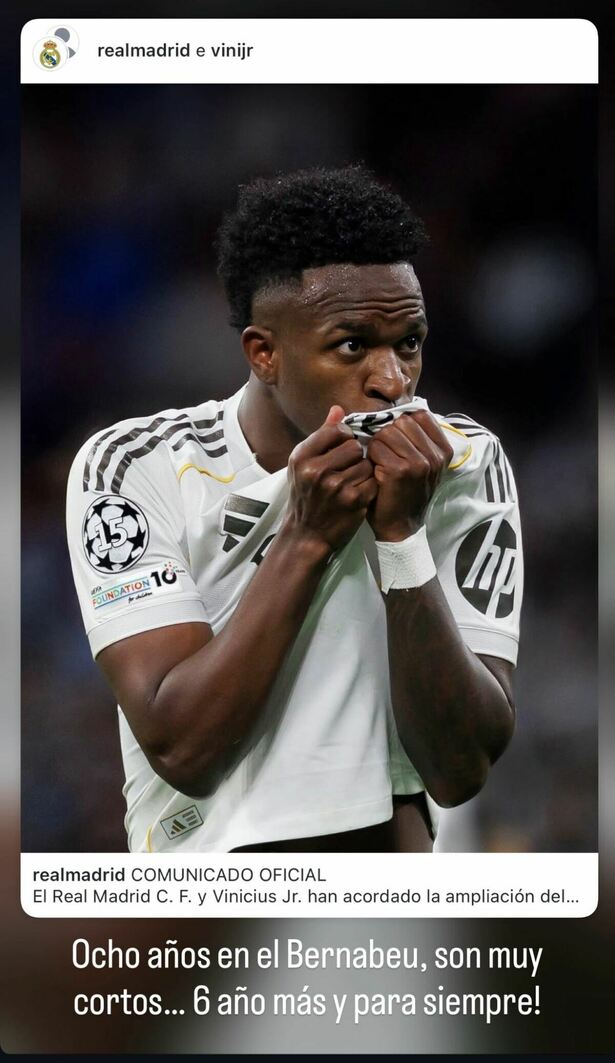 Vinicius reaccionó tras su renovación con el Real Madrid (Captura de historia de instagram)