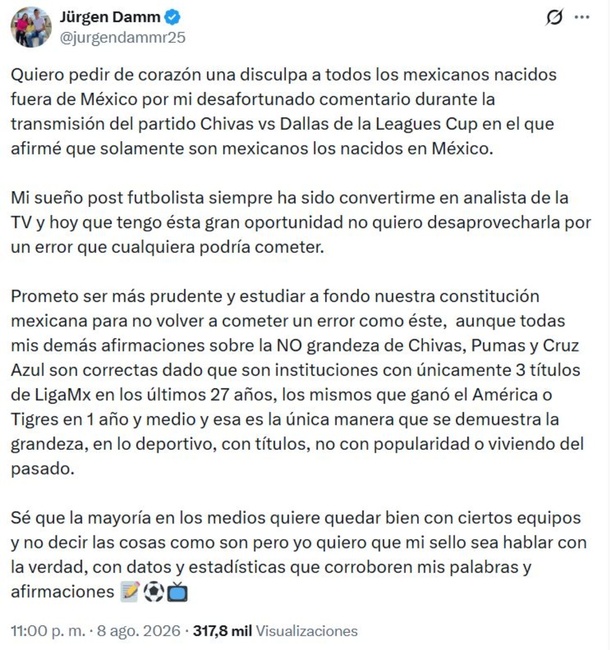 Mensaje de Jürgen Damm (X @jurgendammr25)