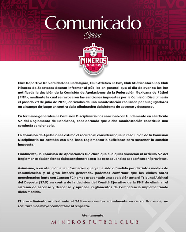El comunicado que compartieron 5 clubes de Expansión.