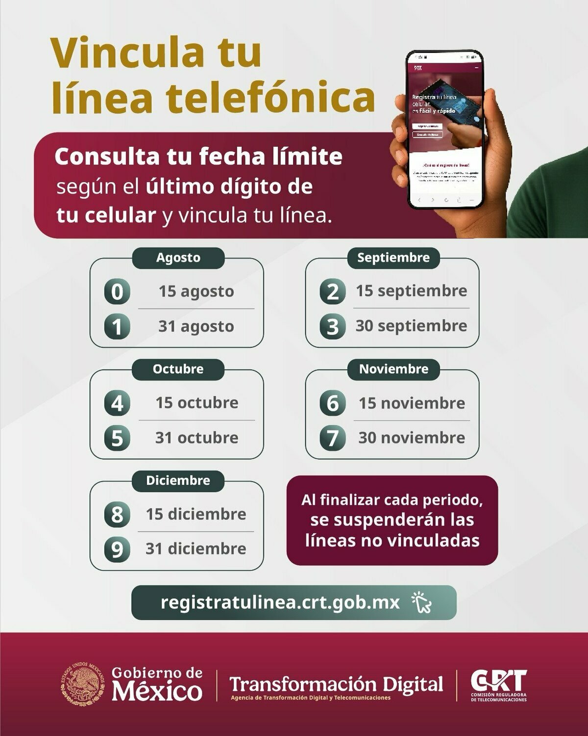 Así quedó el nuevo calendario de registros telefónicos para 2026 (@CRTGobMX)