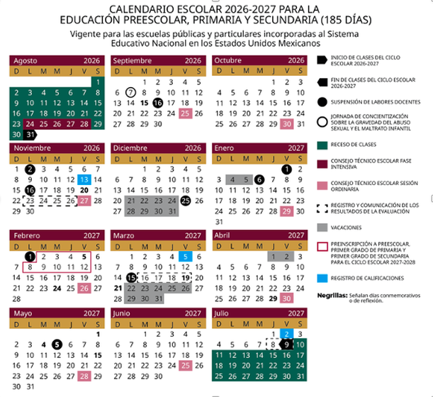 Calendario del ciclo escolar 2026-2027 SEP: publicado en el DOF. (Captura de pantalla).