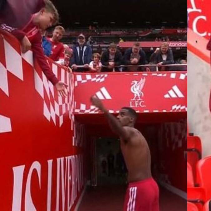 Adulto le arrebató playera a un pequeño aficionado en partido de Liverpool / Captura de pantalla