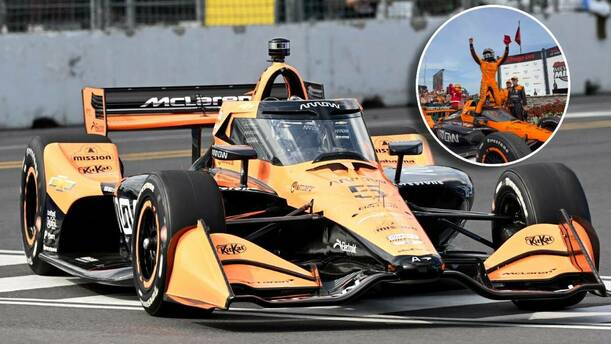 Pato O'Ward celebra tras conquistar una de las dos carreras de Milwaukee. FOTO: Reuters / @arrowmclaren