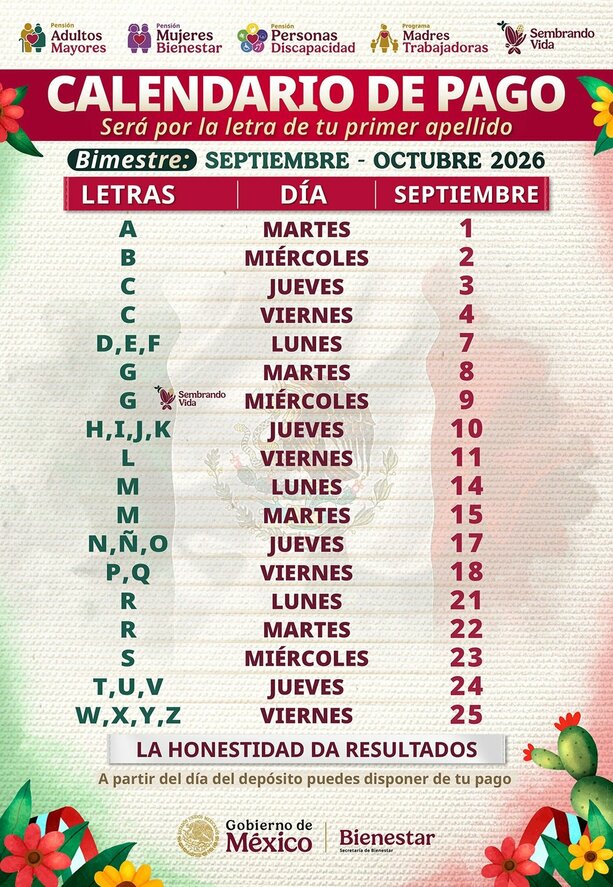 Así quedó el calendario de pagos de la Pensión del Bienestar para septiembre 2026. (@bienestarmx/X)