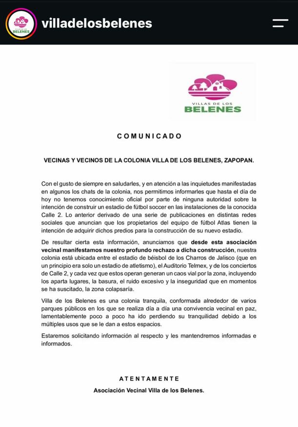 Comunicado vecinos de la Colonia Villa de los Belenes