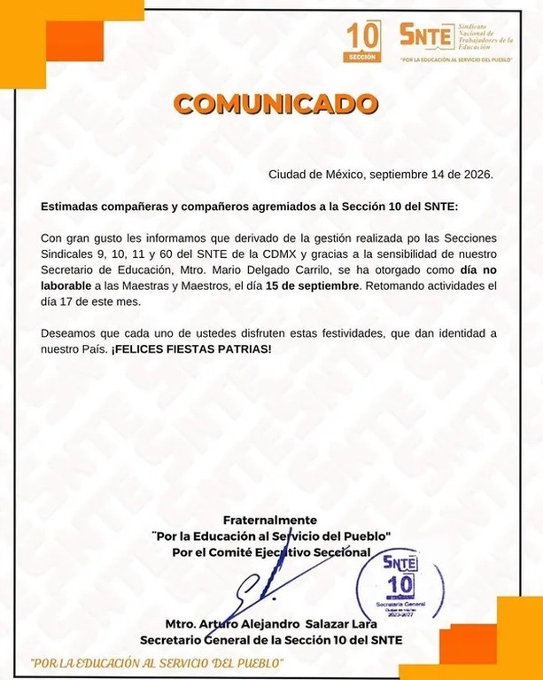 La SNTE confirmó a los maestros de la CDMX que el 16 de septiembre no será laborable