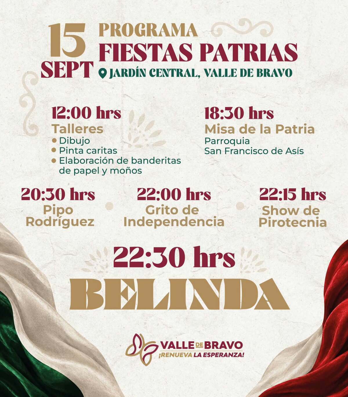 Belinda cerrará las celebraciones del Grito de Indpendencia 2026 en Jardín Central, Valle de Bravo.