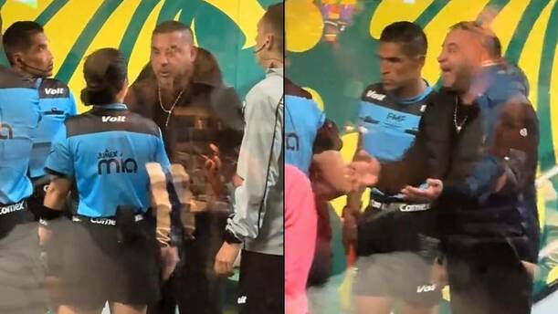 Antonio Mohamed reclama a Katia Itzel García en el túnel rumbo a vestidores del Estadio Banorte. FOTO: Captura