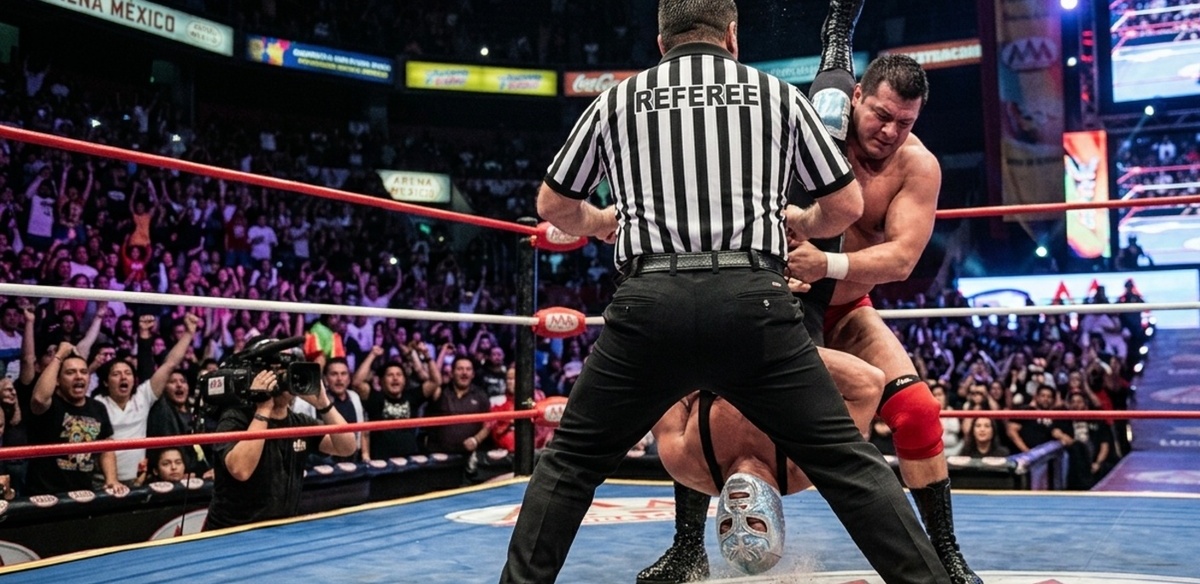 El martinete es una peligrosa llave que está mal vista en varias promotoras de Lucha Libre en México. (Gemini AI)