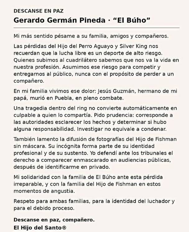 Así fue el mensaje de El Hijo del Santo tras la muerte del réferi El Búho. FOTO: @elhijodelsanto_oficial