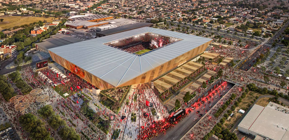 Así se verá desde las alturas el nuevo estadio del Atlas. (Cortesía Grupo Prodi)