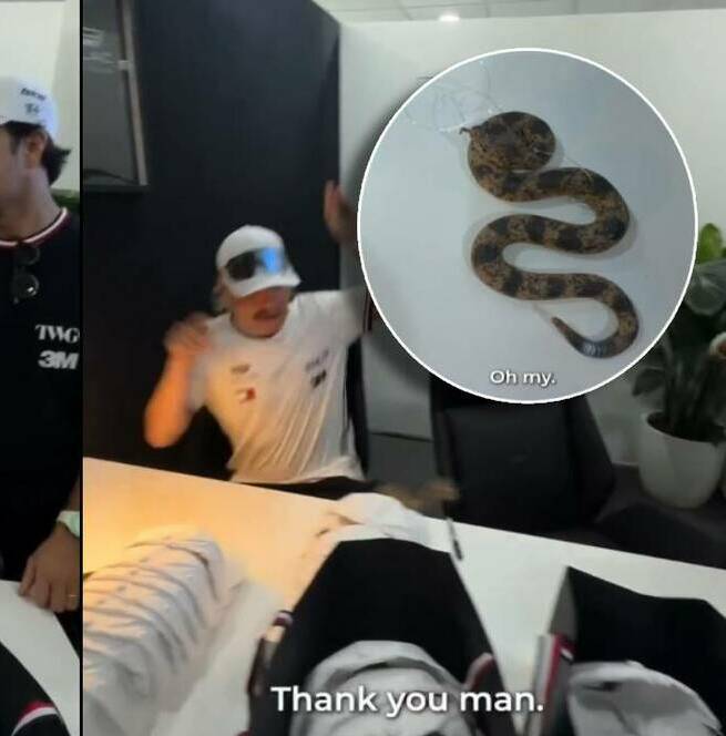Checo Pérez le da un tremendo susto a Valtteri Bottas con una broma en Cadillac. FOTO: Capturas