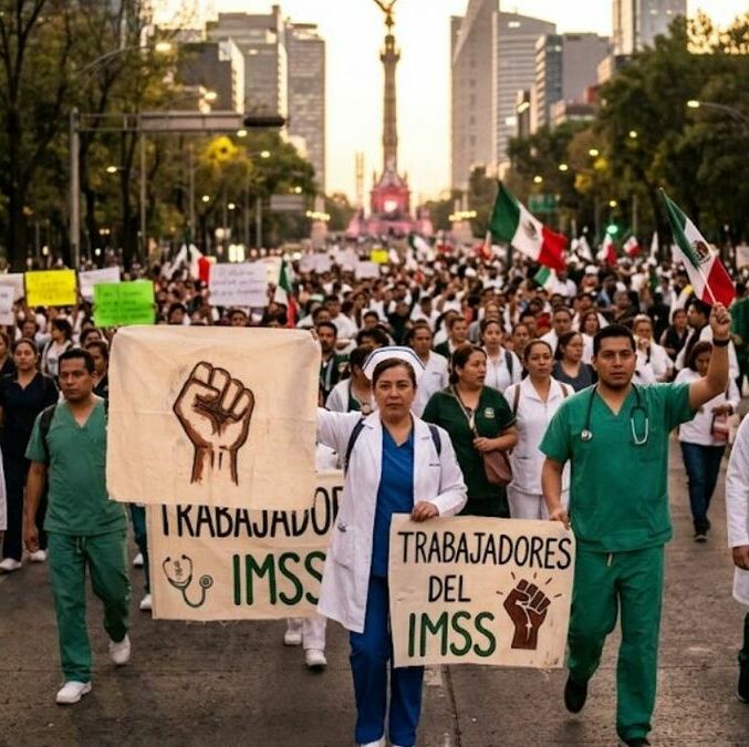 Los trabajadores del IMSS convocaron a una Megamarcha en la CDMX este martes 13 de octubre (Imagen creada con IA)