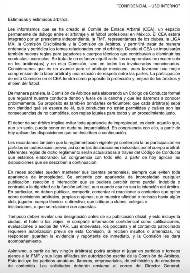 Este es la primera parte del documento dirigido a los silbantes por parte de la Comisión de Árbitros. FOTO: Especial