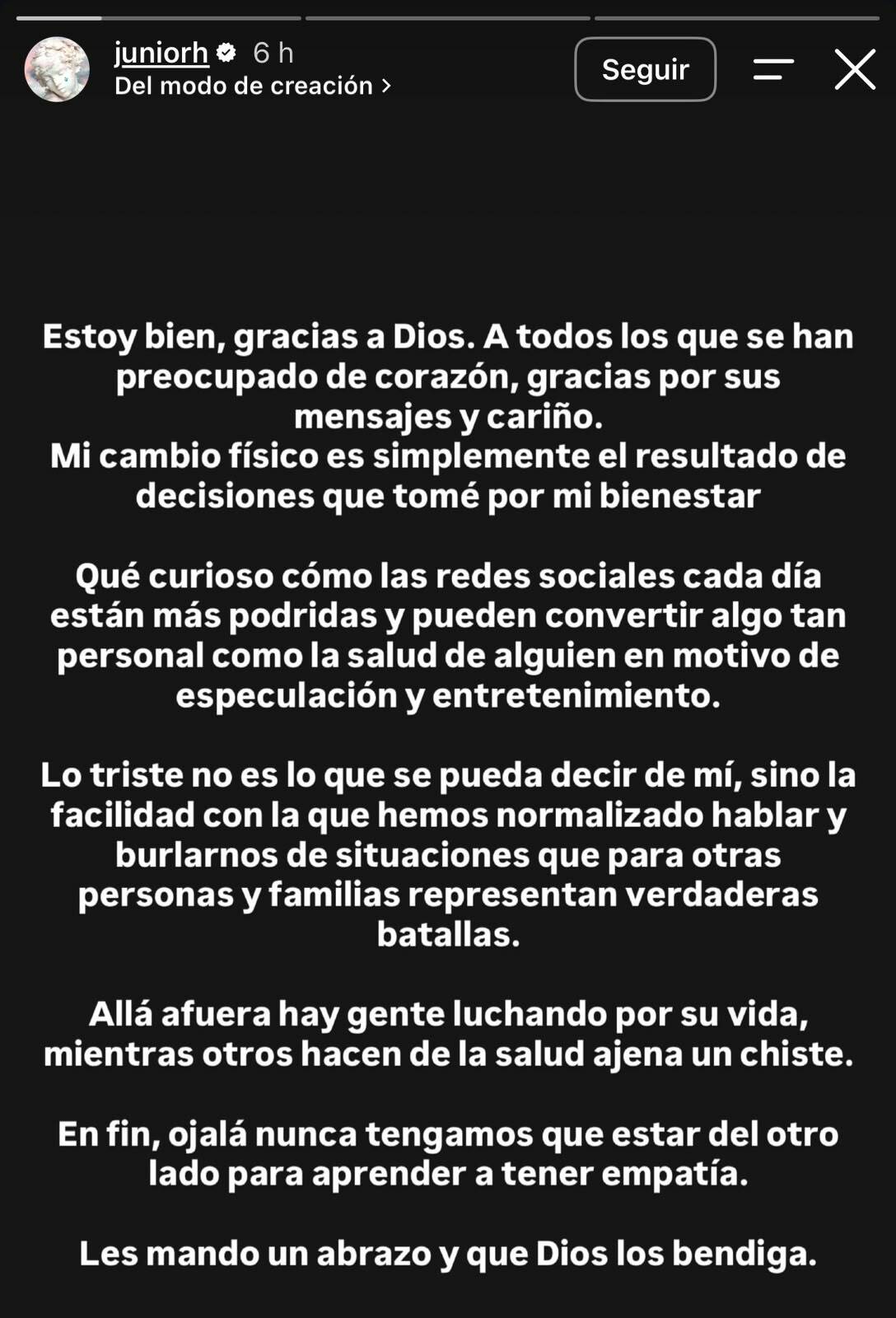 Mensaje de Junior H (Instagram)